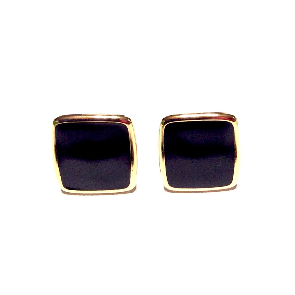 Vintage 80's clip Style Earrings Black Gold Tone